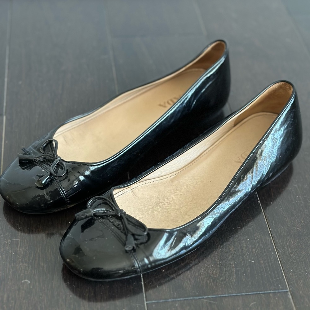Prada Black Cap Toe Ballerina Calfskin Black Patent Leather